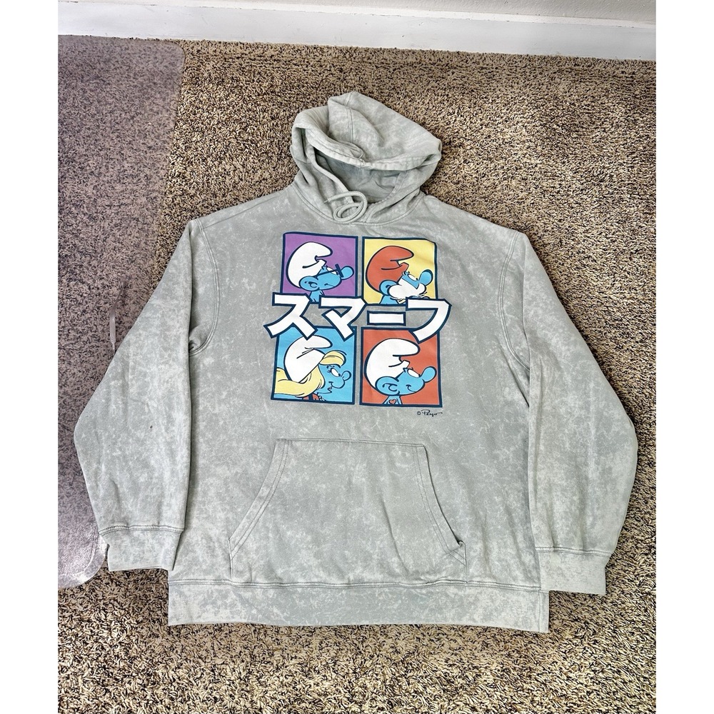 Smurfs Hoodie Size Large Graphic Gray Pullover Sweatshirt Relaxed